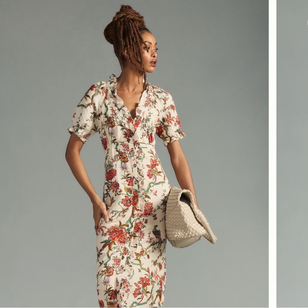 Anthropologie Cream Floral Midi Dress